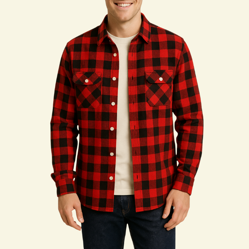 Czerwona koszula flanelowa męska z bawełny w kratę, styl old money — Lubomirske