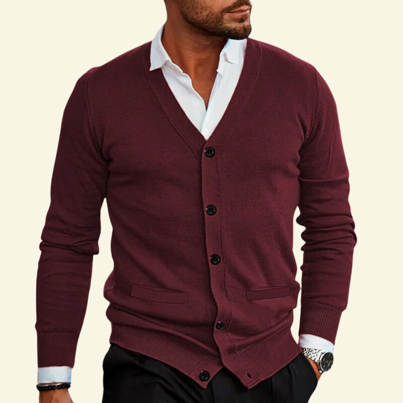 Męski kardigan w kolorze bordowym o smukłym kroju slim fit i eleganckim wykończeniu — Lubomirske