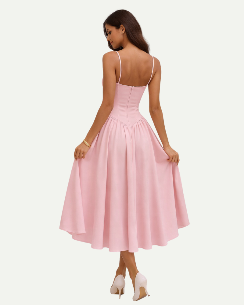 Modelka tył w różowej sukience midi bustier rozkloszowany dół