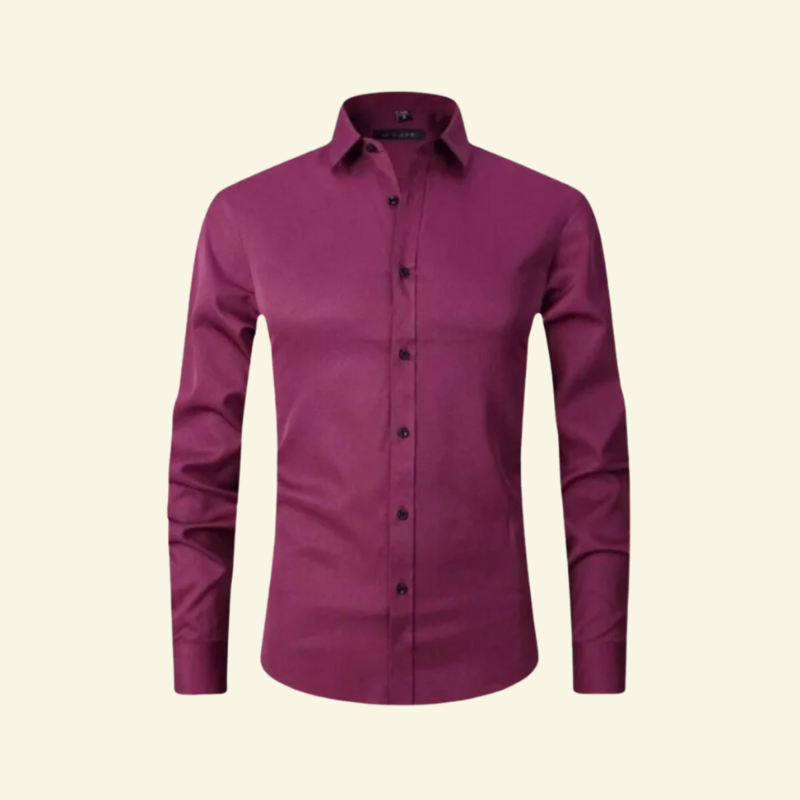 Koszula męska slim fit w kolorze jasnego bordo z kontrastowymi guzikami, ułożona płasko — Lubomirske