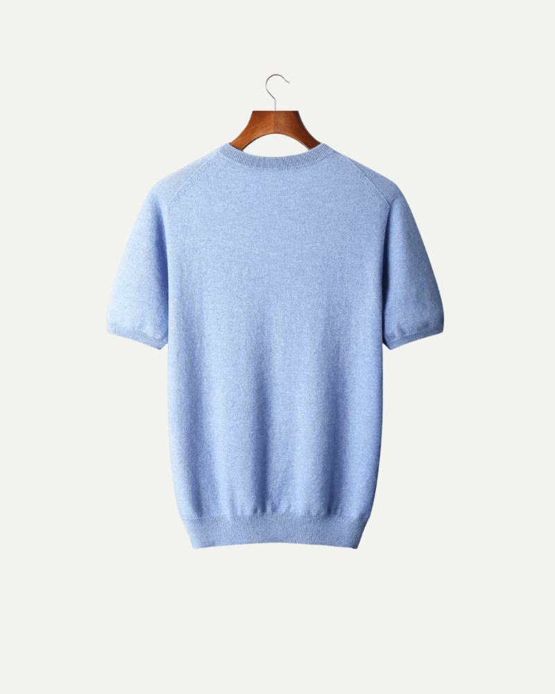 Jasnoniebieski dzianinowy T shirt męski kaszmir i wełna tył luksusowa dzianina