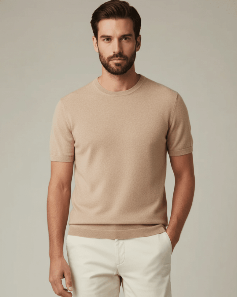 Karmelowy dzianinowy T shirt męski kaszmir i wełna elegancka dzianina