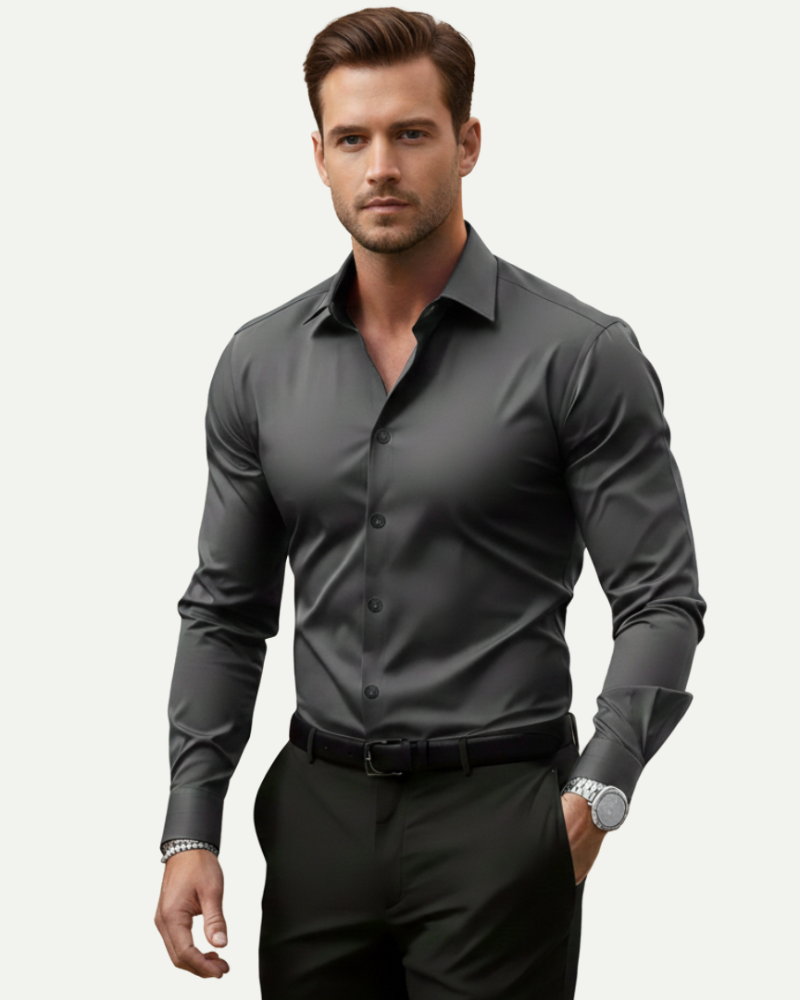 model męski w szarej koszuli slim fit elegancki styl Lubomirske