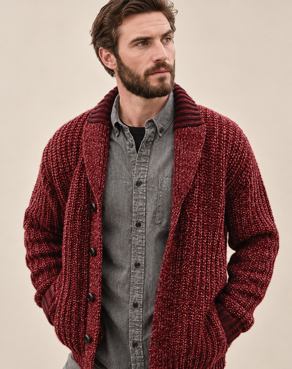 Bordowy gruby kardigan męski z szalowym kołnierzem, noszony na szarą koszulę — Lubomirske