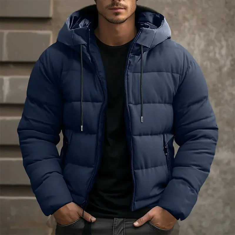 Granatowa męska kurtka pikowana z kapturem i zamkiem na całej długości — Lubomirske