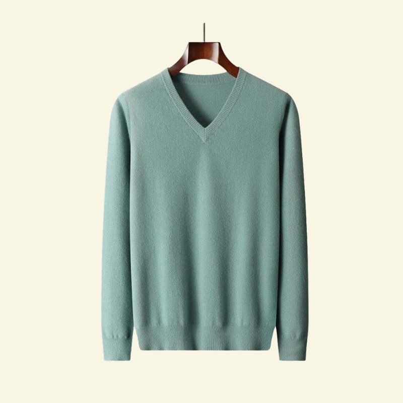Sweter męski z czystej wełny w kolorze turkusowym, z dekoltem w serek — elegancja Lubomirske