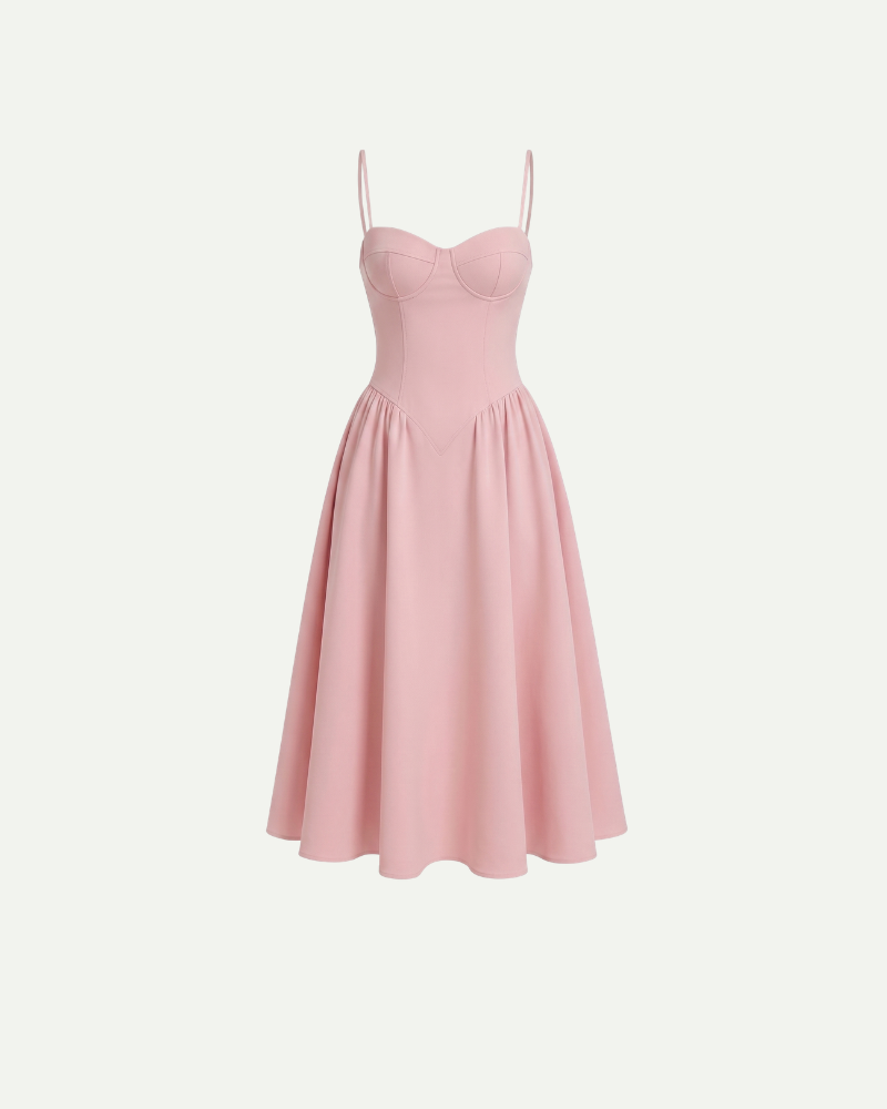 Różowa sukienka midi bustier damska ramiączka cienkie fason A-line przód