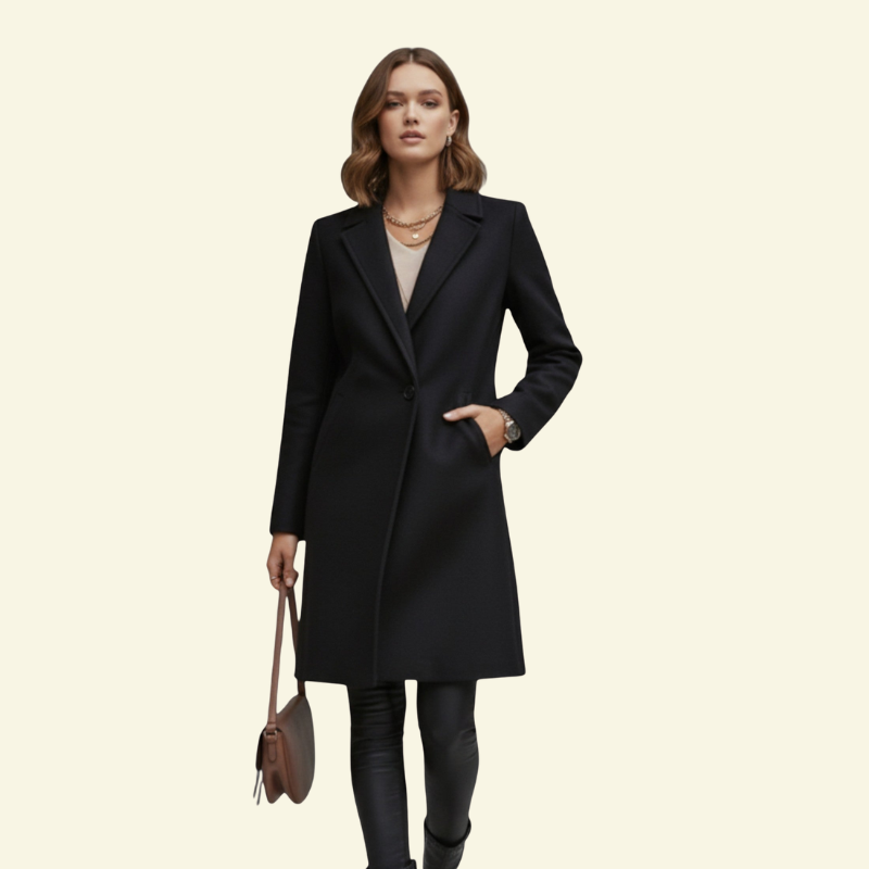 Modelka w czarnym długim płaszczu z kołnierzem i kieszeniami, minimalistyczna elegancja — Lubomirske
