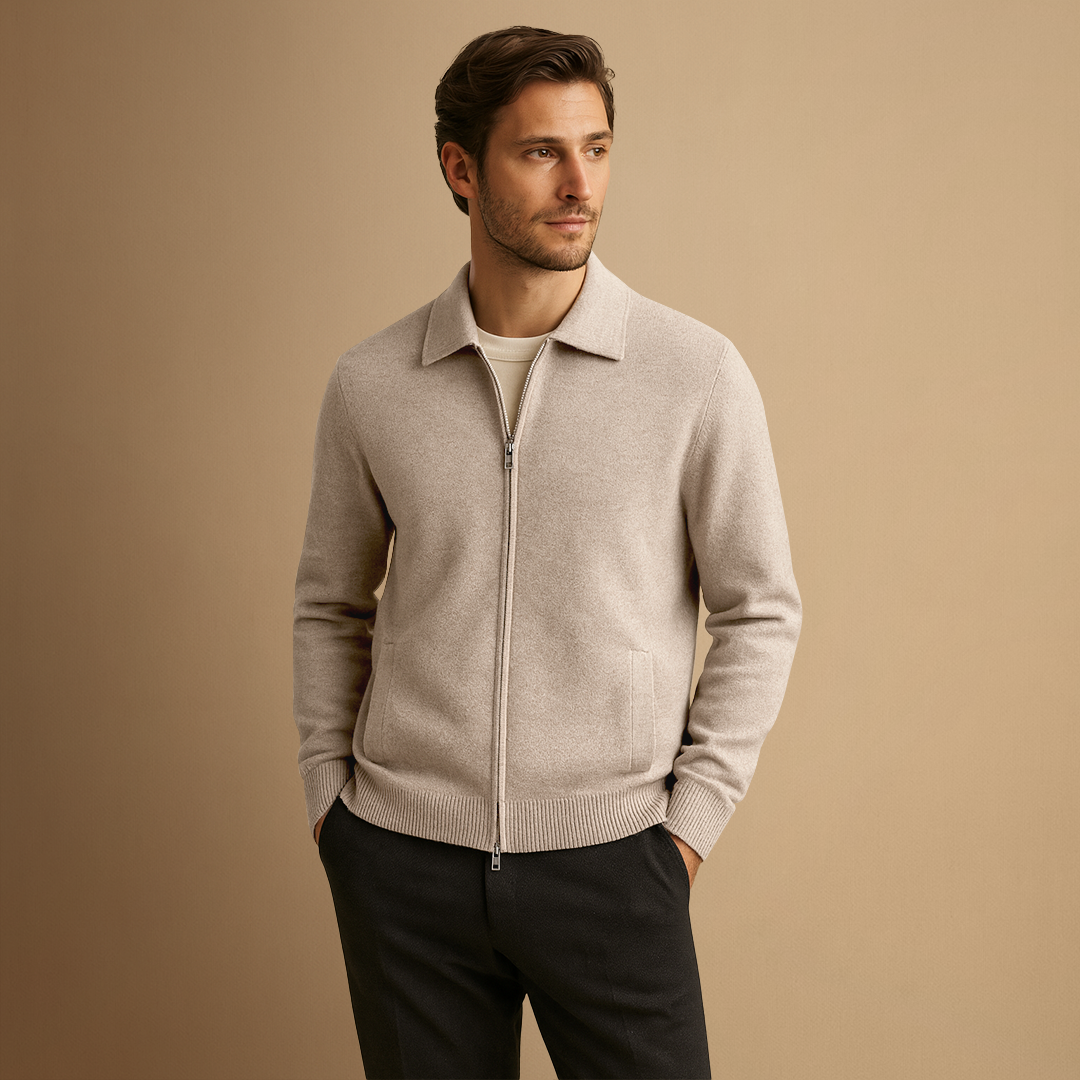 Stylowy beżowy sweter z wełny z zamkiem błyskawicznym, idealny do stylizacji smart casual — Lubomirske