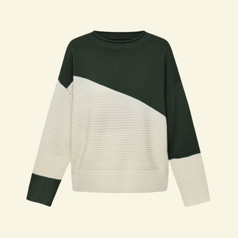 Sweter damski color-block w odcieniu ciemnej zieleni z kremowym dołem i rękawami; miękka dzianina, luźny krój oversize.