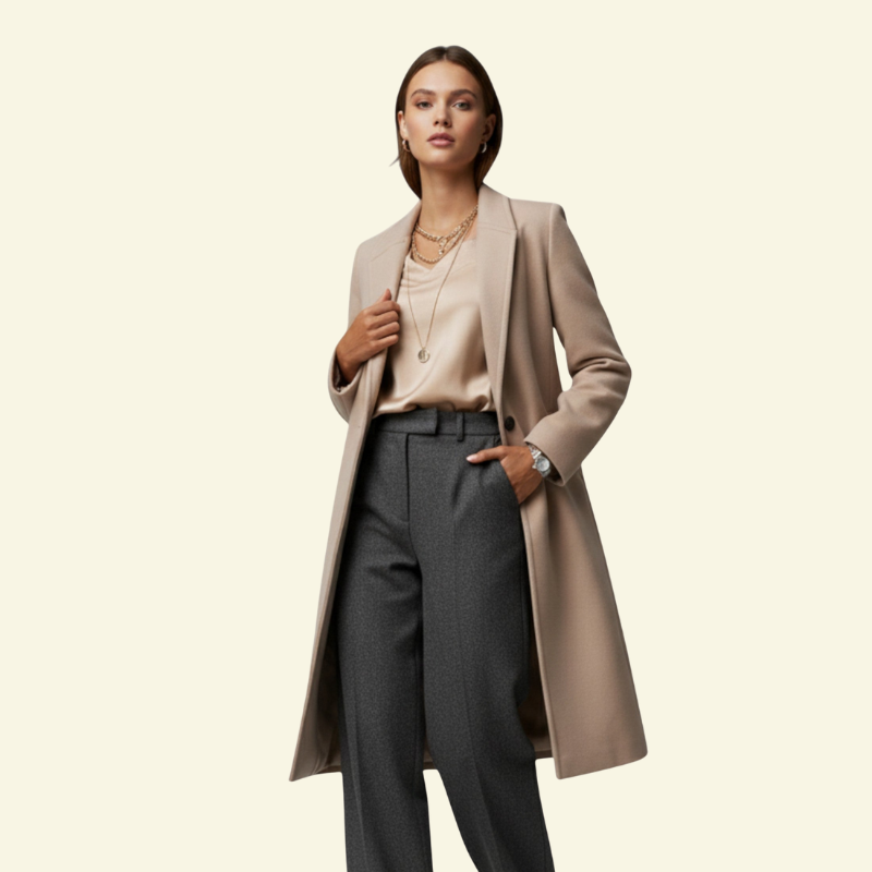 Modelka w kremowym długim płaszczu z kołnierzem i kieszeniami, elegancja w stylu Lubomirske