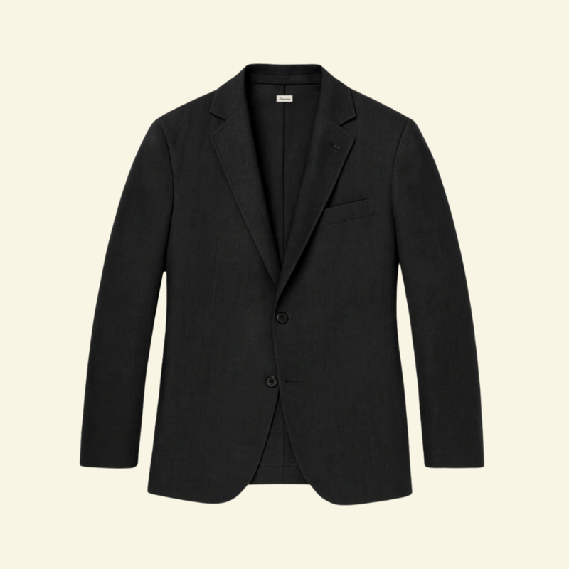 Elegancka męska marynarka w kolorze czarnym, ujęcie produktowe na jasnym tle.
