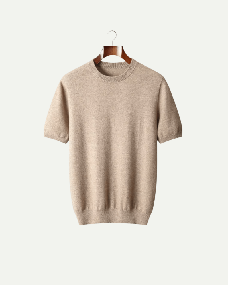Beżowy dzianinowy T shirt męski kaszmir i wełna krótki rękaw luksusowy