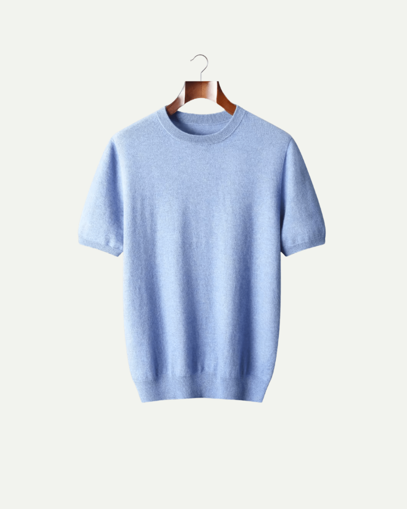 Jasnoniebieski dzianinowy T shirt męski kaszmir i wełna krótki rękaw luksusowy