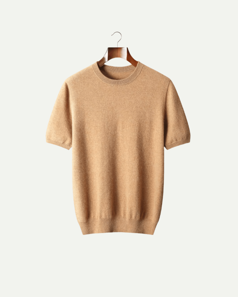 Beżowy dzianinowy T shirt męski kaszmir i wełna tył elegancka dzianina