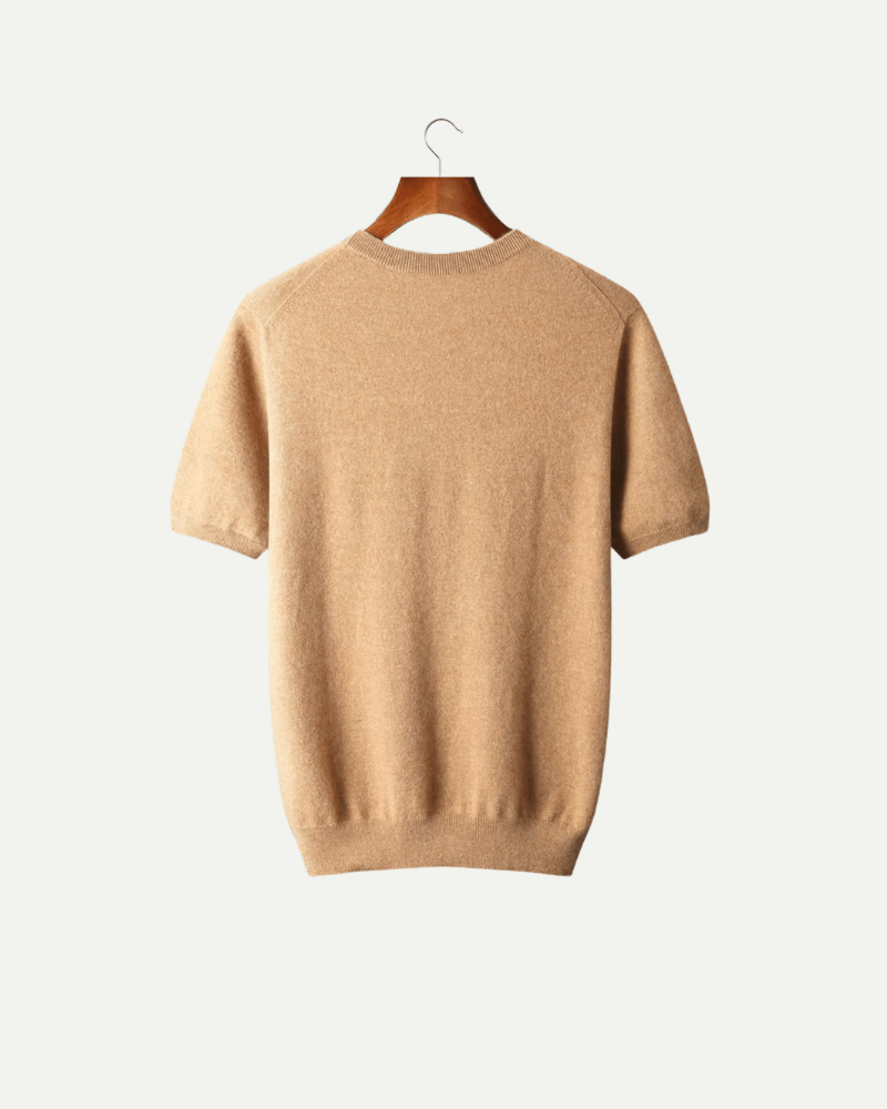 Karmelowy dzianinowy T shirt męski kaszmir i wełna tył luksusowa dzianina