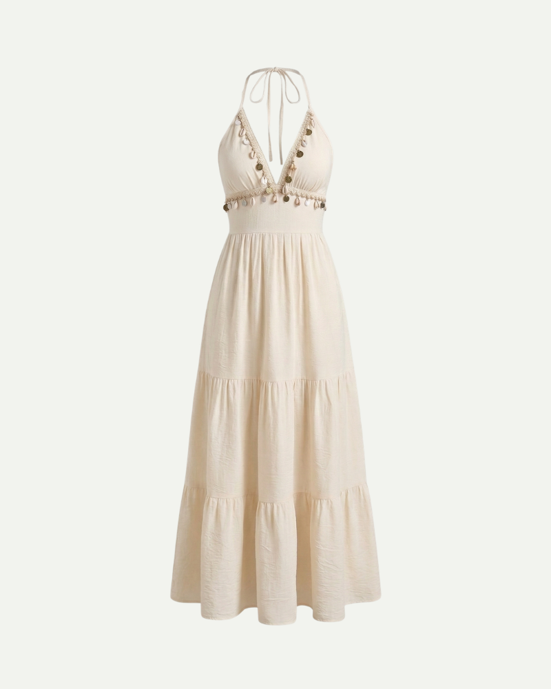 Beżowa sukienka maxi halter damska linia A bez rękawów zwiewna elegancka