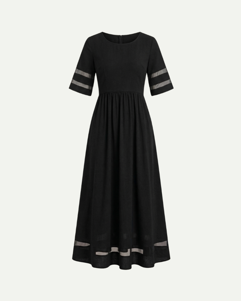 Czarna sukienka maxi damska linia A krótki rękaw zwiewna elegancka sukienka