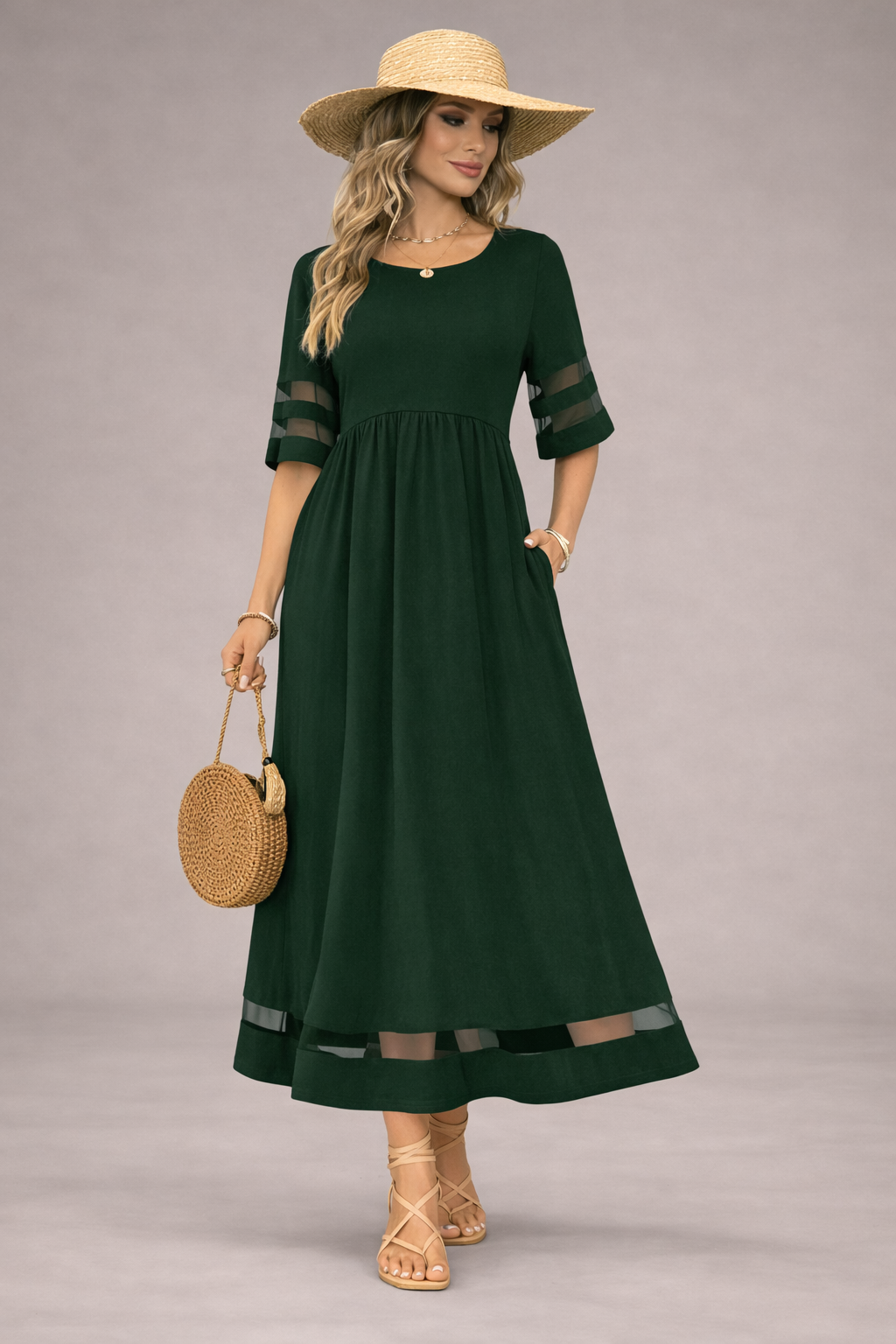 Zielona sukienka maxi damska linia A krótki rękaw zwiewna elegancka sukienka