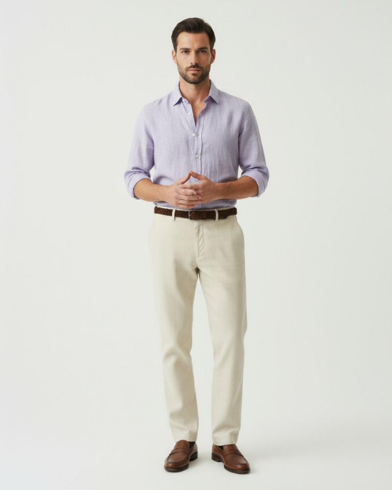 Model męski w jasnofioletowej lnianej koszuli w stylizacji smart casual
