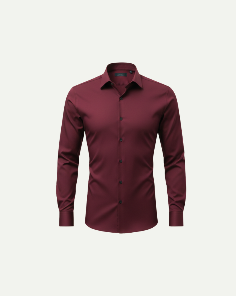 bordowa koszula męska slim fit elegancka kontrastowe guziki ujęcie produktowe z przodu Lubomirske
