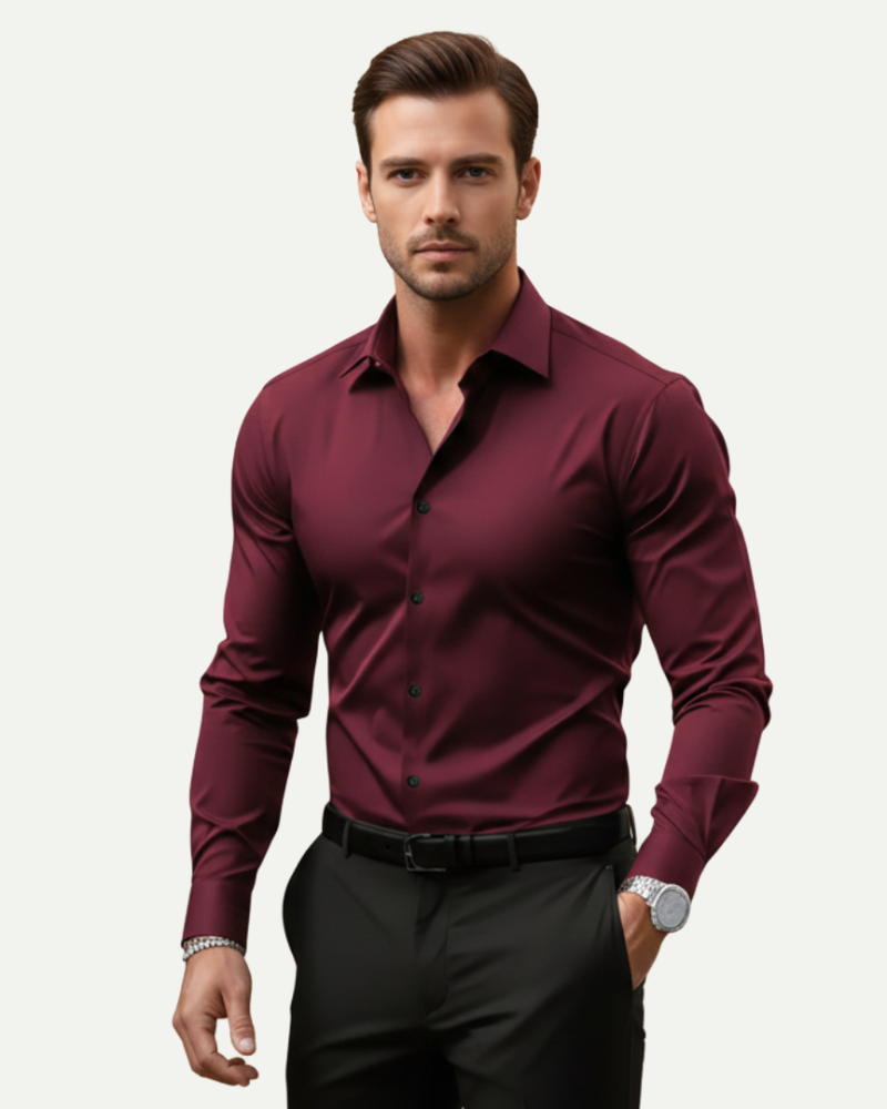 model męski w bordowej koszuli slim fit widok z przodu elegancki styl Lubomirske