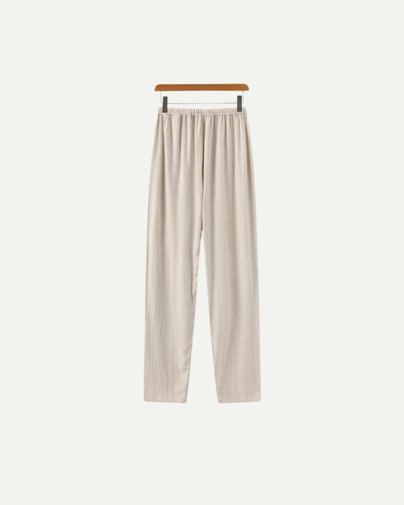 Beżowe spodnie lniane męskie przód slim fit elastyczna talia spodnie letnie