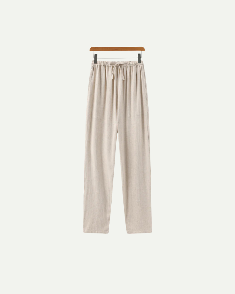 Beżowe spodnie lniane męskie slim fit elastyczna talia lekkie spodnie letnie