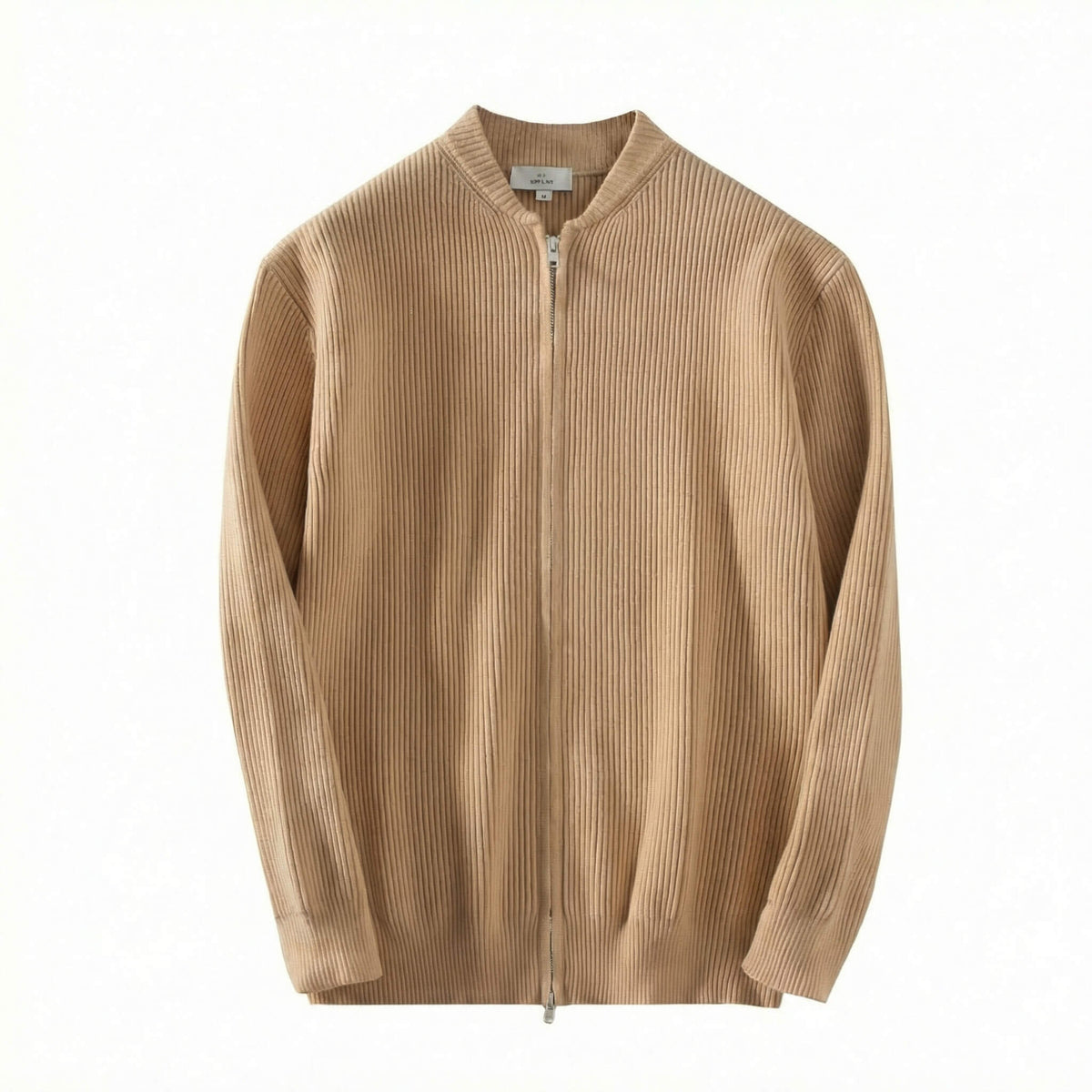 Sweter męski rozpinany w kolorze camel, prążkowana dzianina i niska stójka — Lubomirske