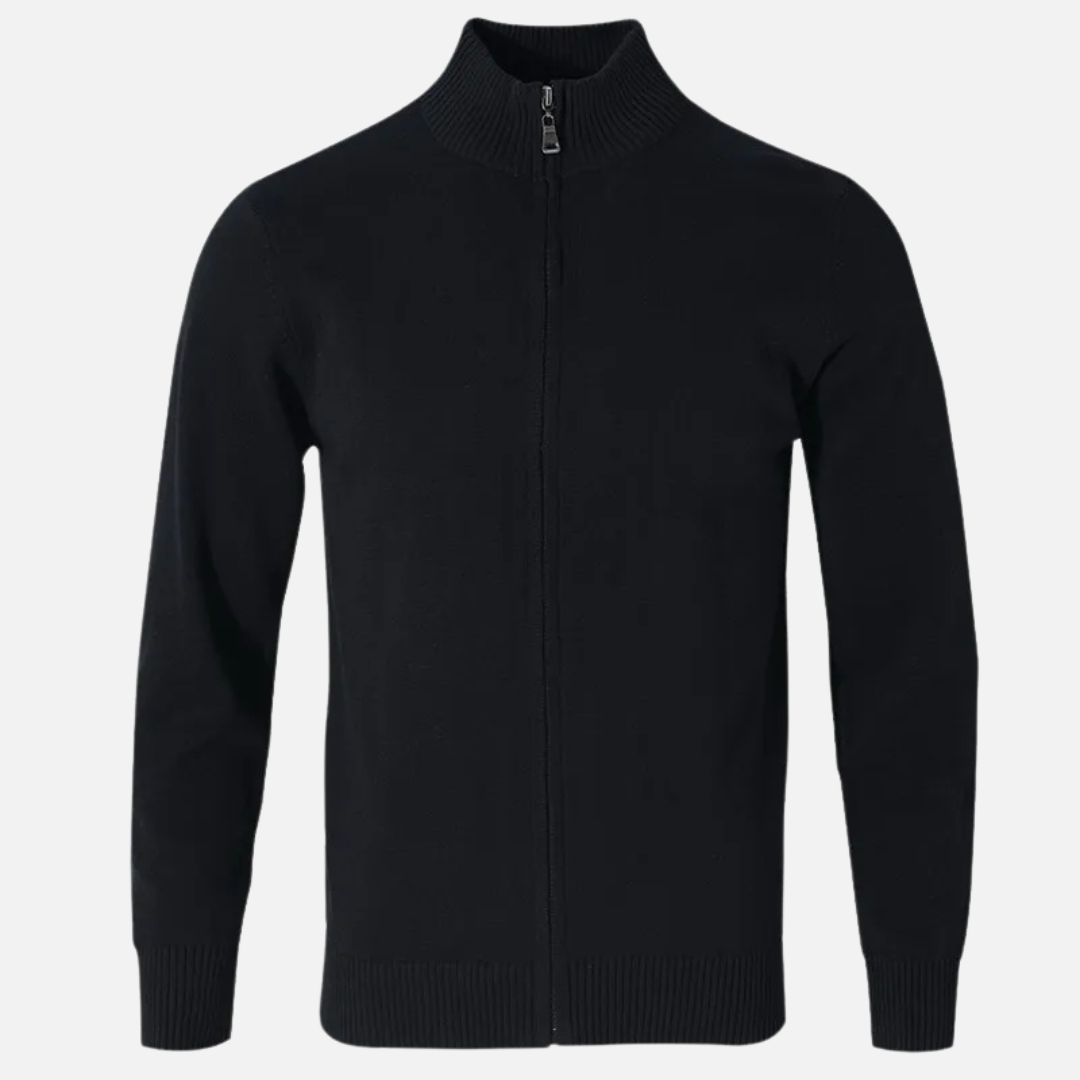 Czarny sweter męski rozpinany z wysoką stójką i zamkiem na całej długości — Lubomirske