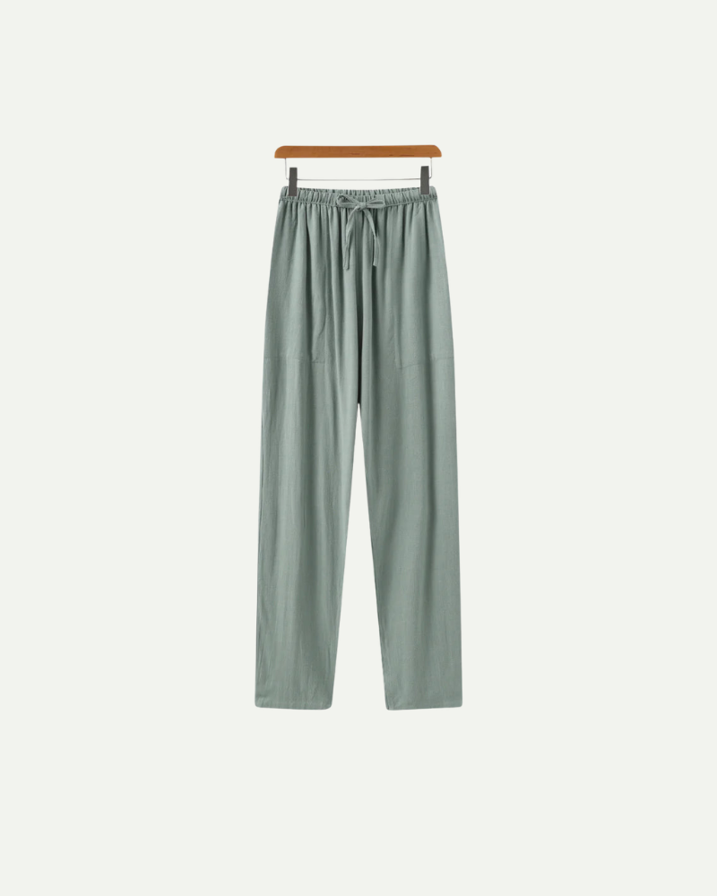 Zielone spodnie lniane męskie slim fit elastyczna talia przewiewne spodnie