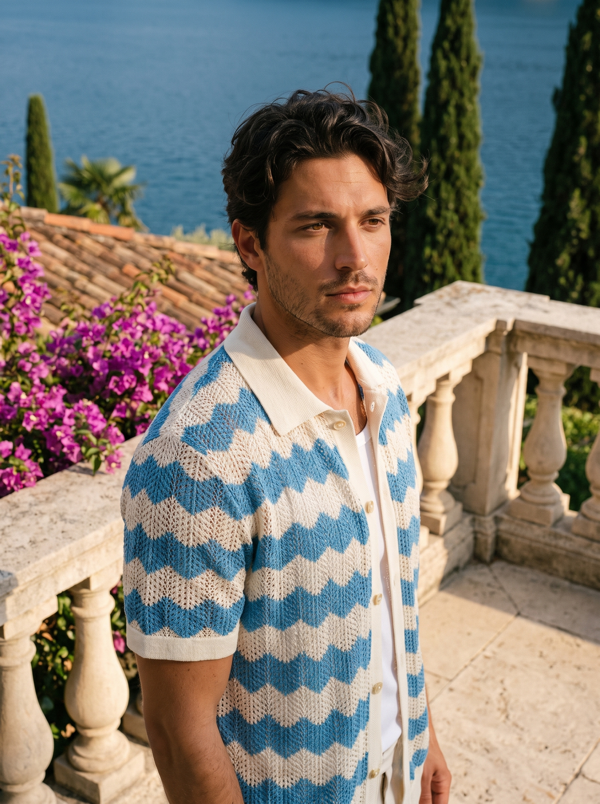 St. Tropez | Falowana Koszula Polo z Dzianiny na Guziki