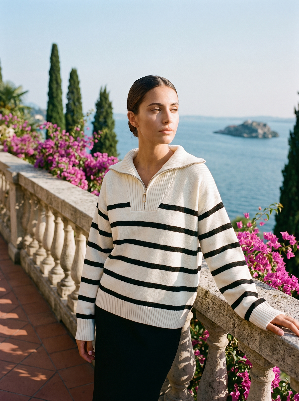 Nevaeh | Sweter Polo w Paski z Krótkim Zamkiem