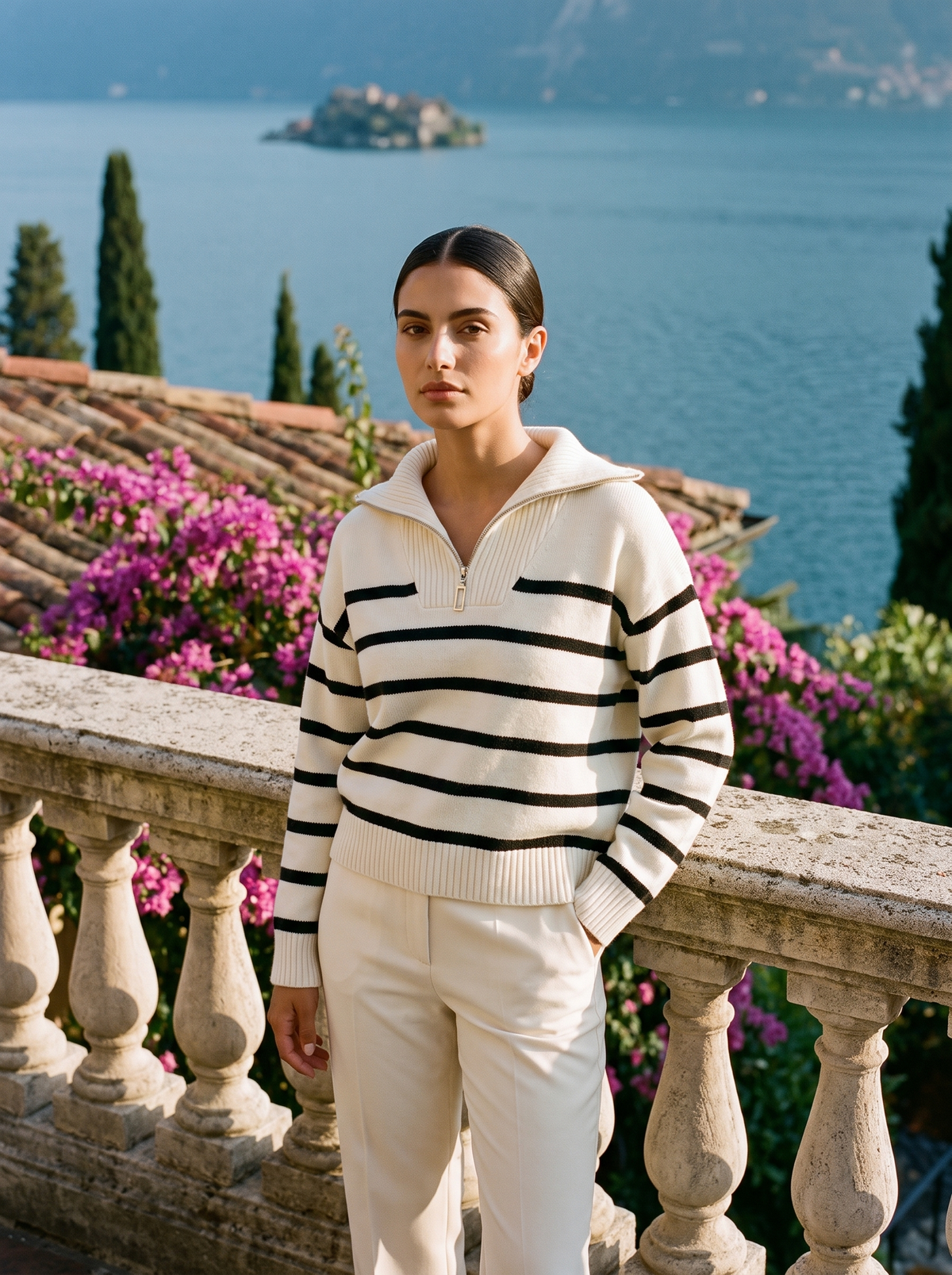 Nevaeh | Sweter Polo w Paski z Krótkim Zamkiem