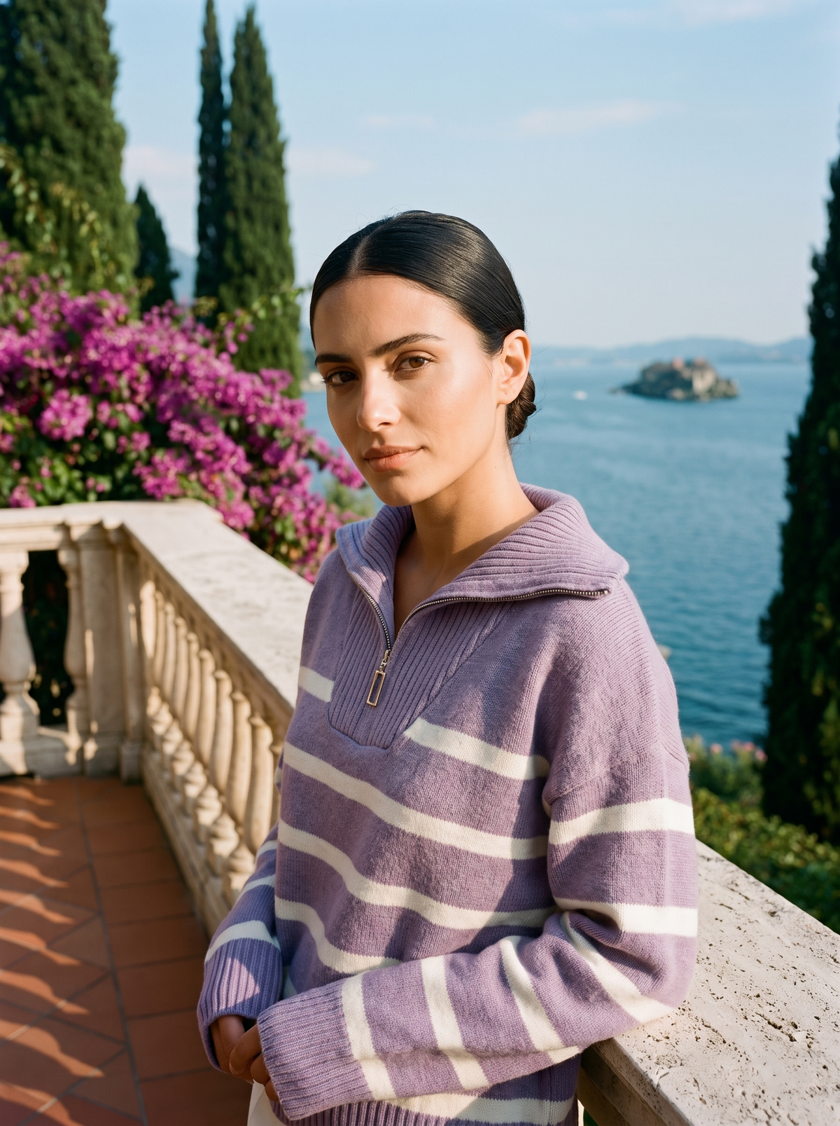 Nevaeh | Sweter Polo w Paski z Krótkim Zamkiem