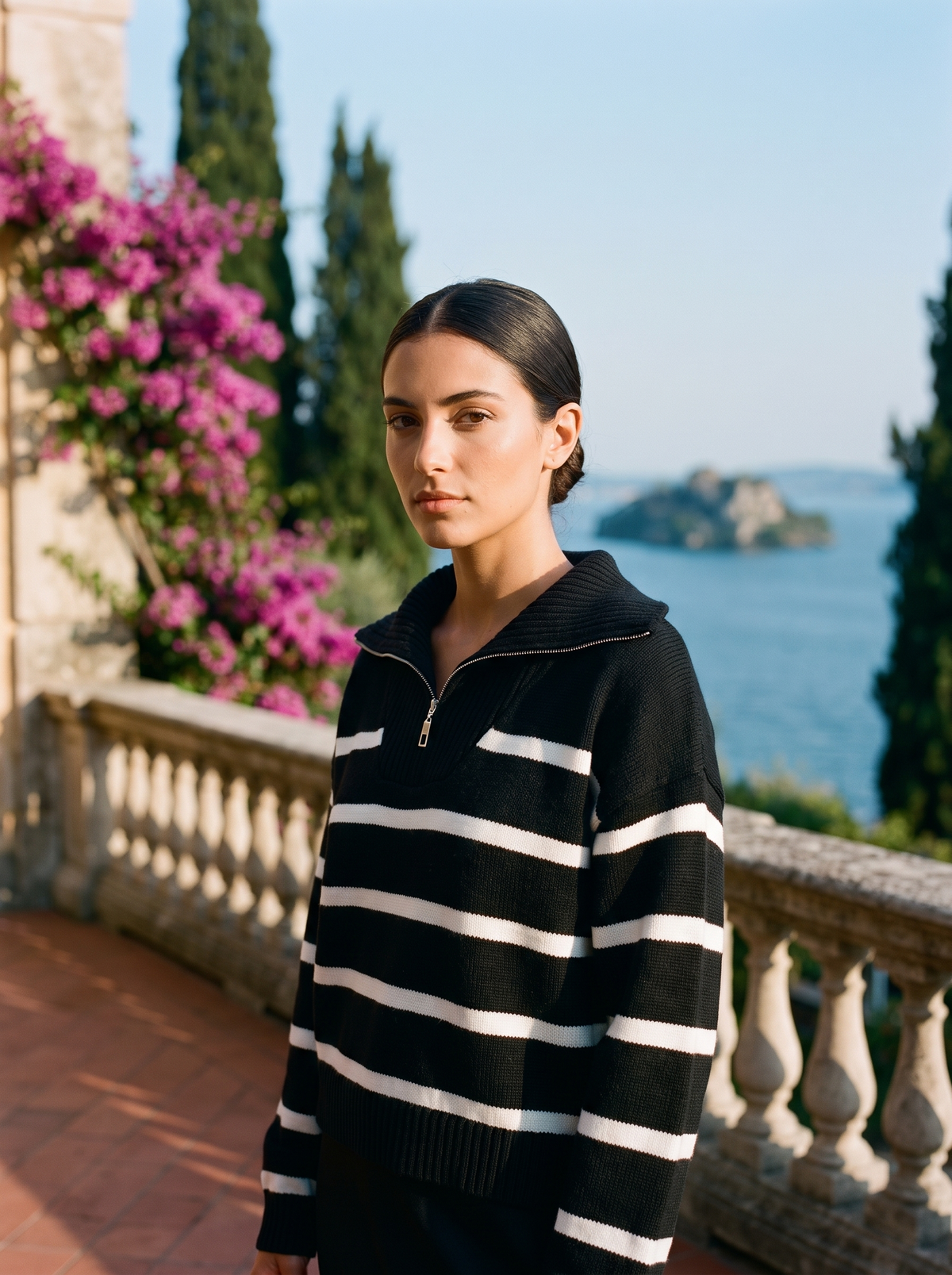 Nevaeh | Sweter Polo w Paski z Krótkim Zamkiem
