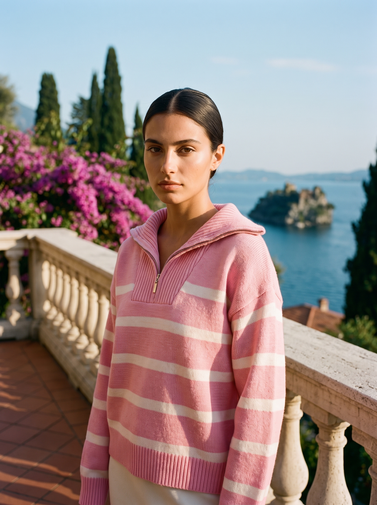Nevaeh | Sweter Polo w Paski z Krótkim Zamkiem