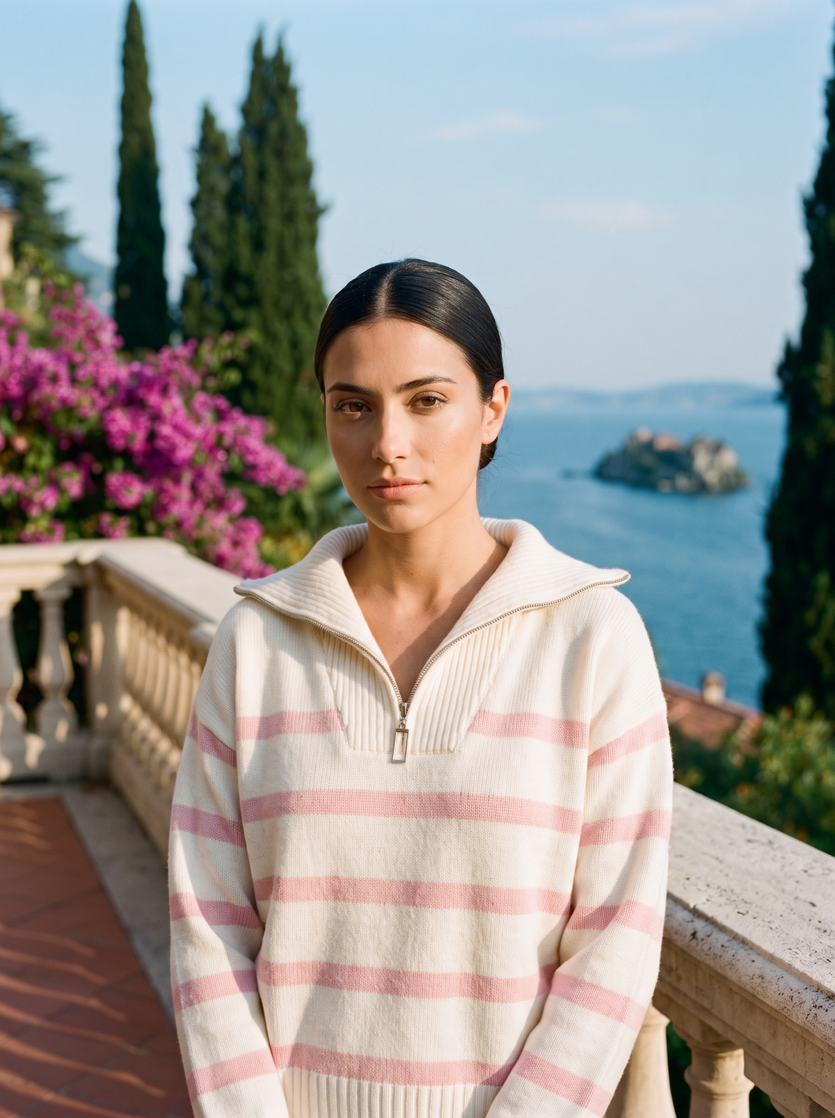 Nevaeh | Sweter Polo w Paski z Krótkim Zamkiem