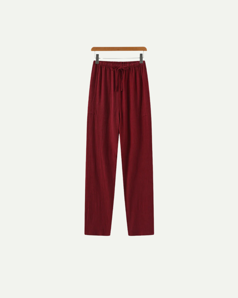 Czerwone spodnie lniane męskie slim fit elastyczna talia lekkie spodnie letnie