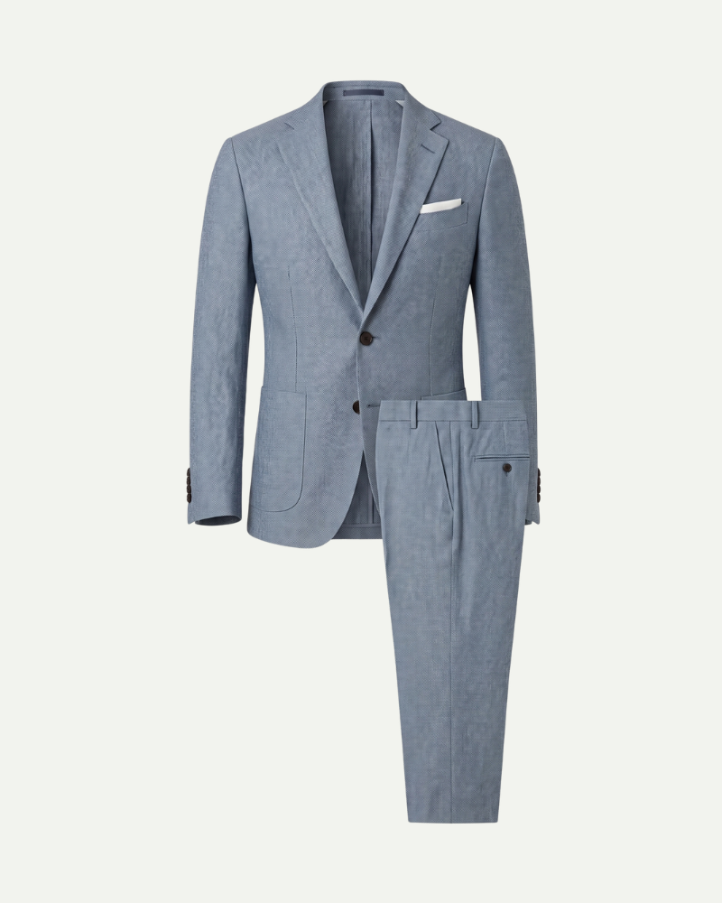 Męski dwuczęściowy zestaw Renaud marki Lubomirske – marynarka z płaskimi klapami i dopasowane spodnie, kolor niebieskoszary – ujęcie główne